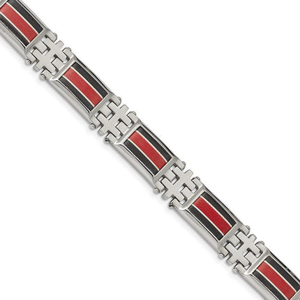 Stainless Steel Polished Black Carbon Fiber/Red Fiber Glass Inlay Bracelet ,