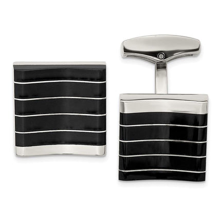 Stainless Steel Polished Black Cat's Eye Square Cufflinks ,