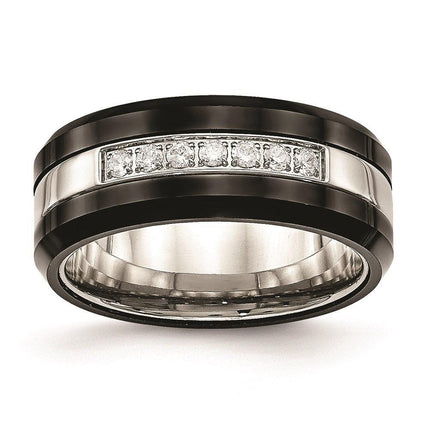 Stainless Steel Polished Black Ceramic CZ Beveled Edge Ring ,