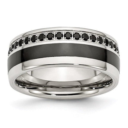 Stainless Steel Polished Black Ceramic Inlay CZ 9.00mm Band ,