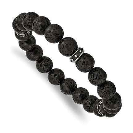 Stainless Steel Polished Black Enamel Lave Stone Beads Stretch Bracelet ,