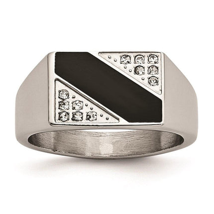 Stainless Steel Polished Black Enameled CZ Signet Ring ,
