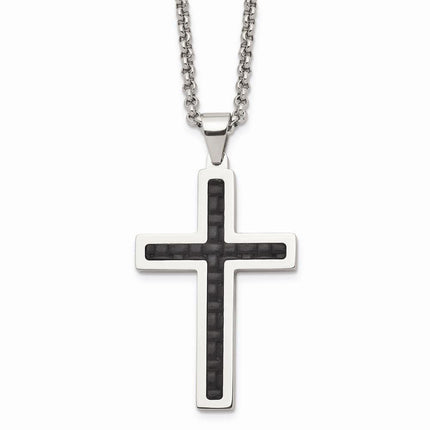 Stainless Steel Polished Black Genuine Leather Inlay Cross Necklace ,