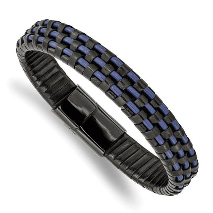 Stainless Steel Polished Black IP Black and Blue Leather 8.25in Bracelet ,