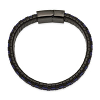 Stainless Steel Polished Black IP Black and Blue Leather 8.25in Bracelet ,