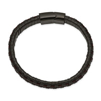 Stainless Steel Polished Black IP Black and Brown Leather 8.25in Bracelet ,