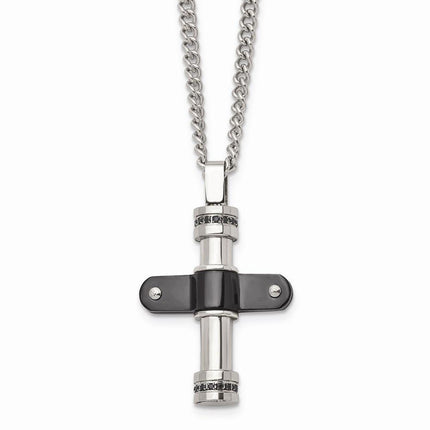 Stainless Steel Polished Black IP Black CZ Cross Necklace ,