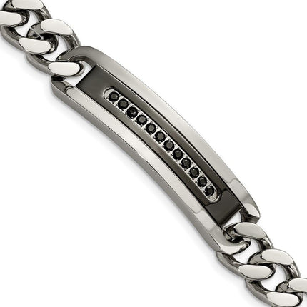 Stainless Steel Polished Black IP Black CZ ID Curb Chain 8.25in Bracelet ,