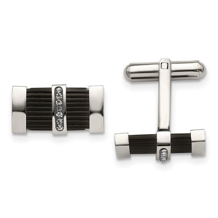 Stainless Steel Polished Black IP Black Diamond Preciosa Crystal Cuff Links ,
