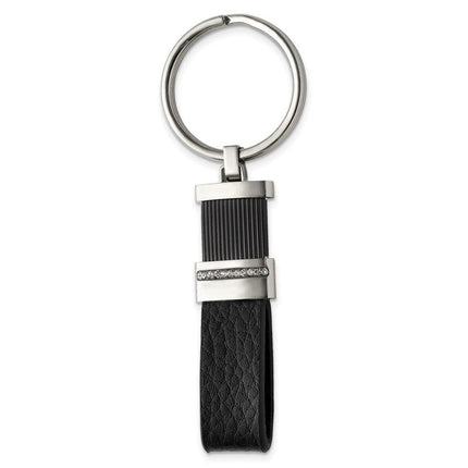 Stainless Steel Polished Black IP Black Diamond Preciosa Leather Key Ring ,