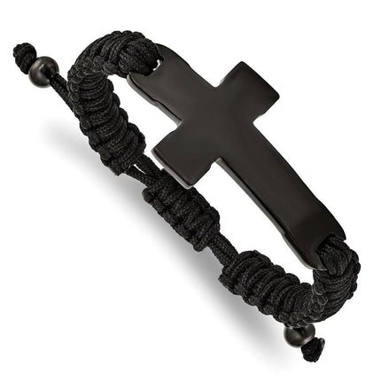 Stainless Steel Polished Black IP Black Nylon Adjustable Cross Bracelet ,