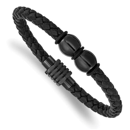 Stainless Steel Polished Black IP Black Rubber and Leather 8.25in Bracelet ,