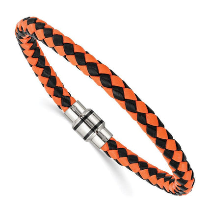 Stainless Steel Polished Black IP Black/Orange Woven Leather Bracelet ,