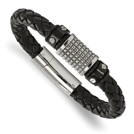 Stainless Steel Polished Black IP Blk Leather Blk Rubber Bracelet ,