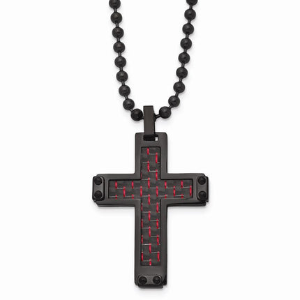 Stainless Steel Polished Black IP Blk/Red Carbon Fiber Inlay Cross Necklace ,