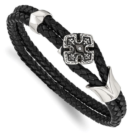 Stainless Steel Polished Black IP Braided Black Leather CZ Bracelet ,