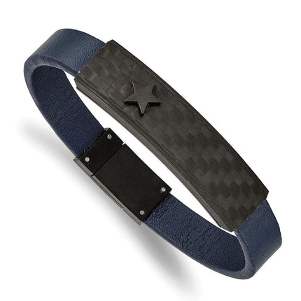 Stainless Steel Polished Black IP Carbon Fiber Blue Faux Leather Bracelet ,