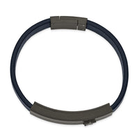 Stainless Steel Polished Black IP Carbon Fiber Blue Faux Leather Bracelet ,