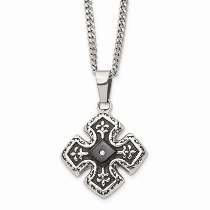 Stainless Steel Polished Black IP CZ Celtic Cross Necklace ,