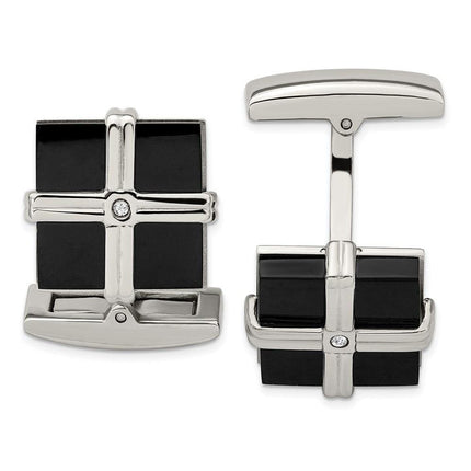 Stainless Steel Polished Black IP CZ Square Cufflinks ,