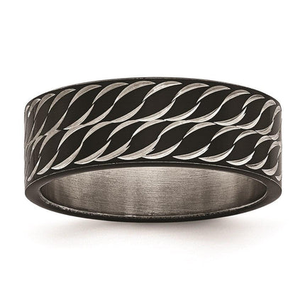 Stainless Steel Polished Black IP Diamond-Cut Ring ,