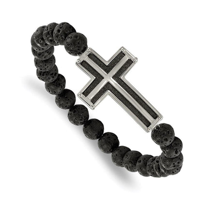Stainless Steel Polished Black IP Laser cut Lava Stone Stretch Bracelet ,