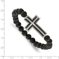 Stainless Steel Polished Black IP Laser cut Lava Stone Stretch Bracelet ,