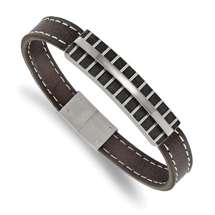 Stainless Steel Polished Black IP Lasercut Brown Leather 8.25in Bracelet ,