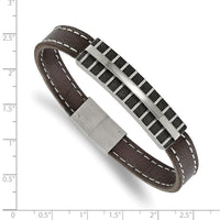 Stainless Steel Polished Black IP Lasercut Brown Leather 8.25in Bracelet ,