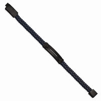 Stainless Steel Polished Black IP Navy Blue Leather w/.5in ext 8in Bracelet ,