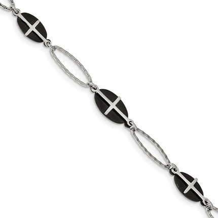 Stainless Steel Polished Black IP-plated 7in w/1in ext. Cross Bracelet ,