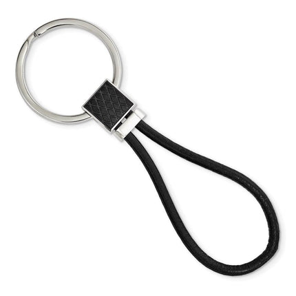 Stainless Steel Polished Black IP-plated and Black Leather Key Chain ,