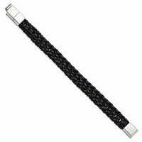 Stainless Steel Polished Black IP-plated Black Leather w/.5in ext Bracelet ,