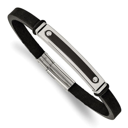 Stainless Steel Polished Black IP-plated Black Rubber 8.25in Bracelet ,