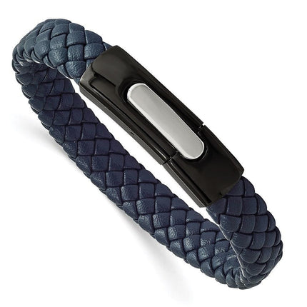 Stainless Steel Polished Black IP-plated Blue Braided Leather 8in Bracelet ,