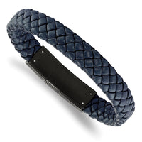 Stainless Steel Polished Black IP-plated Blue Braided Leather 8in Bracelet ,