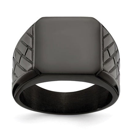 Stainless Steel Polished Black IP-plated Brick Design Signet Ring ,