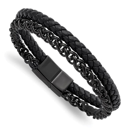 Stainless Steel Polished Black IP-plated Chain Black Leather 8.5in Bracelet ,