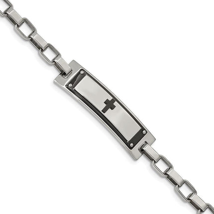 Stainless Steel Polished Black IP-plated Cross 8.5in Link Bracelet ,