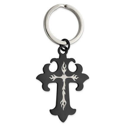 Stainless Steel Polished Black IP-plated Cross Key Chain ,