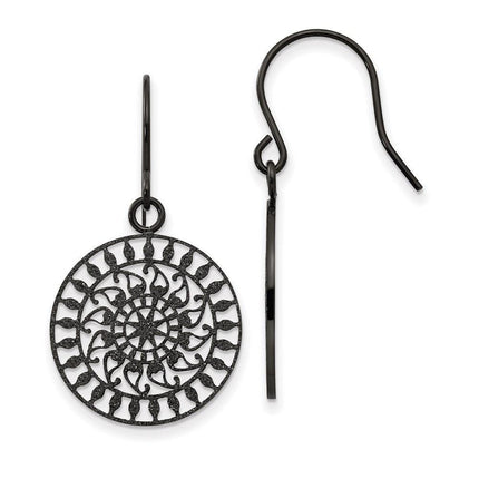 Stainless Steel Polished Black IP-plated Laser Cut Shepherd Hook Earrings ,