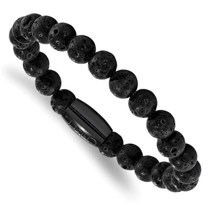 Stainless Steel Polished Black IP-plated Lava Rock Beaded Stretch Bracelet ,