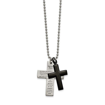 Stainless Steel Polished Black IP-plated Lord's Prayer Cross Necklace ,
