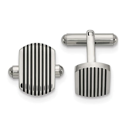 Stainless Steel Polished Black IP-plated Striped Cuff Links ,