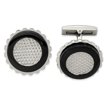 Stainless Steel Polished Black IP-plated Textured Round Cufflinks ,