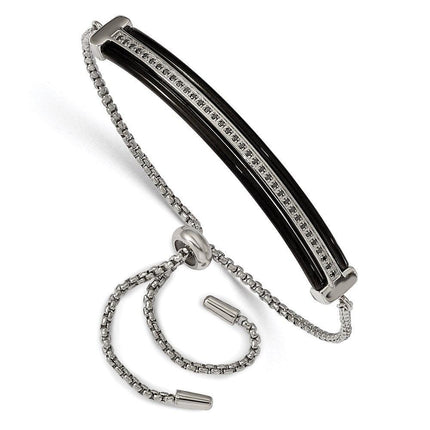 Stainless Steel Polished Black IP-plated w/Black CZ Adjustable Bracelet ,