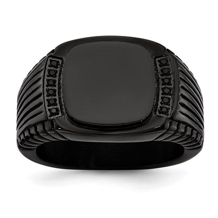 Stainless Steel Polished Black IP-plated with Black CZ Signet Ring ,