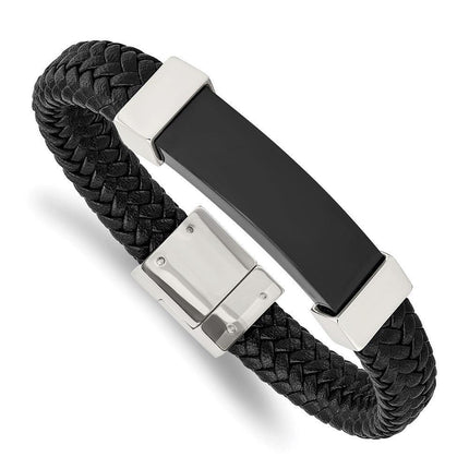 Stainless Steel Polished Black IP-plated with Black Leather 8.5in Bracelet ,