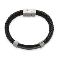 Stainless Steel Polished Black IP-plated with Black Leather 8.5in Bracelet ,