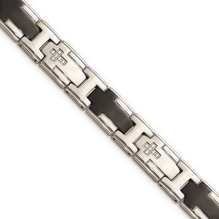 Stainless Steel Polished Black IP-plated with CZ Cross Bracelet ,
